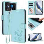 For Cubot A20 Embossed Heart Cat Leather Phone Case with Hand Strap(Mint Green)