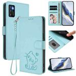 For Cubot P50 Embossed Heart Cat Leather Phone Case with Hand Strap(Mint Green)