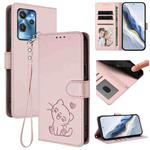 For Oukitel C32 Embossed Heart Cat Leather Phone Case with Hand Strap(Pink)