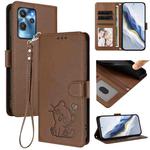 For Oukitel C32 Embossed Heart Cat Leather Phone Case with Hand Strap(Brown)