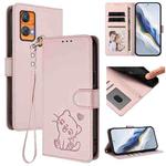 For Oukitel C33 Embossed Heart Cat Leather Phone Case with Hand Strap(Pink)