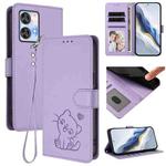 For Oukitel C35 Embossed Heart Cat Leather Phone Case with Hand Strap(Light Purple)