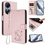 For Oukitel C38 Embossed Heart Cat Leather Phone Case with Hand Strap(Pink)