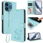 For Oukitel C51 Embossed Heart Cat Leather Phone Case with Hand Strap(Mint Green)