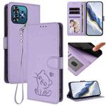 For Oukitel C53 Embossed Heart Cat Leather Phone Case with Hand Strap(Light Purple)