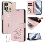 For Oukitel C57S / C57 Pro / Blu J12 Embossed Heart Cat Leather Phone Case with Hand Strap(Pink)