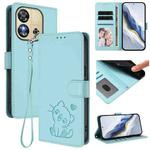 For Oukitel C57S / C57 Pro / Blu J12 Embossed Heart Cat Leather Phone Case with Hand Strap(Mint Green)