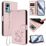 For Ulefone Note 14 Embossed Heart Cat Leather Phone Case with Hand Strap(Pink)