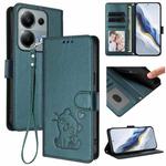 For Redmi Note 14S 4G / 13 Pro 4G Global Embossed Heart Cat Leather Phone Case with Hand Strap(Dark Green)