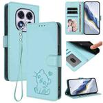 For Redmi Note 14 Pro 4G Global Embossed Heart Cat Leather Phone Case with Hand Strap(Mint Green)