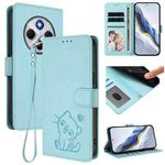 For Redmi A4 5G / A3 Pro / 14C 4G / 14R Embossed Heart Cat Leather Phone Case with Hand Strap(Mint Green)