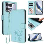 For Redmi K70 Ultra 5G Embossed Heart Cat Leather Phone Case with Hand Strap(Mint Green)
