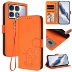 For Redmi K70 Ultra 5G Embossed Heart Cat Leather Phone Case with Hand Strap(Orange)