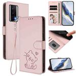 For Redmi K60 / K60 Pro Embossed Heart Cat Leather Phone Case with Hand Strap(Pink)