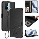 For Redmi 11A / Xiaomi Poco C55 Embossed Heart Cat Leather Phone Case with Hand Strap(Black)