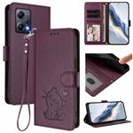For Redmi Note 12 5G India / Xiaomi Poco X5 Embossed Heart Cat Leather Phone Case with Hand Strap(Dark Purple)