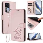 For Redmi K50 Ultra / Xiaomi 12T / 12T Pro Embossed Heart Cat Leather Phone Case with Hand Strap(Pink)