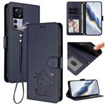 For Redmi K50 Ultra / Xiaomi 12T / 12T Pro Embossed Heart Cat Leather Phone Case with Hand Strap(Blue)
