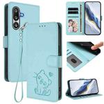 For Samsung Galaxy M36 5G Embossed Heart Cat Leather Phone Case with Hand Strap(Mint Green)