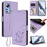 For Xiaomi 12 5G / 12X 5G / 12S 5G Embossed Heart Cat Leather Phone Case with Hand Strap(Light Purple)
