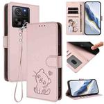 For Xiaomi 13T / 13T Pro 5G Embossed Heart Cat Leather Phone Case with Hand Strap(Pink)