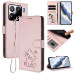 For Xiaomi 15 Pro Embossed Heart Cat Leather Phone Case with Hand Strap(Pink)