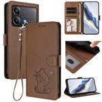 For Xiaomi Poco X6 Neo 5G Embossed Heart Cat Leather Phone Case with Hand Strap(Brown)
