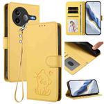 For Xiaomi Poco F7 Pro 5G / Redmi K80 Embossed Heart Cat Leather Phone Case with Hand Strap(Yellow)