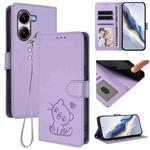 For Xiaomi Poco X7 Pro 5G / Redmi Turbo 4 5G Embossed Heart Cat Leather Phone Case with Hand Strap(Light Purple)