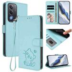 For OPPO A5 5G / A3 Pro 5G Global Embossed Heart Cat Leather Phone Case with Hand Strap(Mint Green)