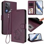 For OPPO A5 5G / A3 Pro 5G Global Embossed Heart Cat Leather Phone Case with Hand Strap(Dark Purple)