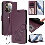 For OPPO A5 Pro 5G / 4G Global Embossed Heart Cat Leather Phone Case with Hand Strap(Dark Purple)