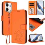 For OPPO A5x 5G / 4G Global Embossed Heart Cat Leather Phone Case with Hand Strap(Orange)