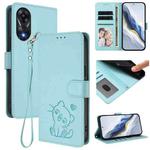 For OPPO A78 4G Global Embossed Heart Cat Leather Phone Case with Hand Strap(Mint Green)