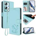 For OPPO A79 5G Global Embossed Heart Cat Leather Phone Case with Hand Strap(Mint Green)