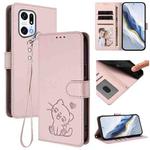 For OPPO Find X5 Pro Embossed Heart Cat Leather Phone Case with Hand Strap(Pink)