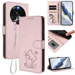 For OPPO Find X6 5G Embossed Heart Cat Leather Phone Case with Hand Strap(Pink)