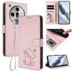 For OPPO Find X7 Embossed Heart Cat Leather Phone Case with Hand Strap(Pink)
