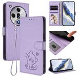 For OPPO Find X7 Embossed Heart Cat Leather Phone Case with Hand Strap(Light Purple)