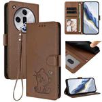 For OPPO Find X7 Embossed Heart Cat Leather Phone Case with Hand Strap(Brown)