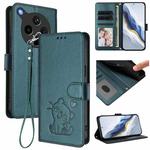 For OPPO Find X8s+ 5G Embossed Heart Cat Leather Phone Case with Hand Strap(Dark Green)