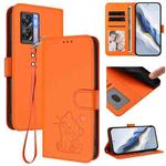 For OPPO K10 / A77 / A97 5G Global Embossed Heart Cat Leather Phone Case with Hand Strap(Orange)