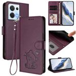 For OPPO Reno8 5G Embossed Heart Cat Leather Phone Case with Hand Strap(Dark Purple)