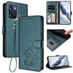 For OPPO Reno9 A Embossed Heart Cat Leather Phone Case with Hand Strap(Dark Green)
