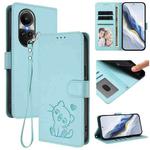 For OPPO Reno10 / Reno10 Pro 5G Global Embossed Heart Cat Leather Phone Case with Hand Strap(Mint Green)