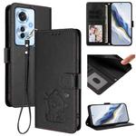 For OPPO Reno11 F 5G Global Embossed Heart Cat Leather Phone Case with Hand Strap(Dark Green)