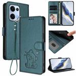 For OPPO Reno13 5G Global Embossed Heart Cat Leather Phone Case with Hand Strap(Dark Green)