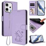 For OPPO Reno14 F 5G / Reno14 5G Embossed Heart Cat Leather Phone Case with Hand Strap(Light Purple)