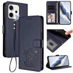 For OPPO Reno14 F 5G / Reno14 5G Embossed Heart Cat Leather Phone Case with Hand Strap(Blue)