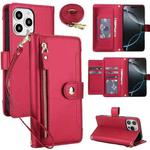 For iPhone 16 Pro Max Seven Card Slots Zipper Wallet Leather Phone Case with Lanyard(Red)